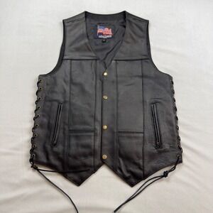 Leather USA Men's Biker Vest Black Pebble Grain Leather Side Lace Small EUC
